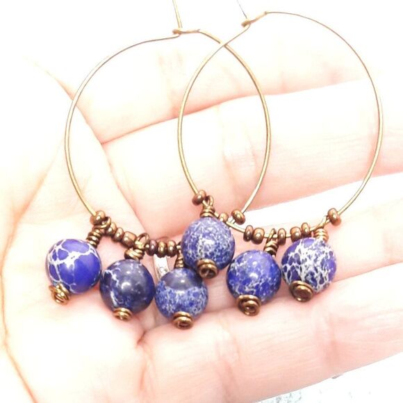 Artisan earrings 409#Fs NEW bohemian Blue hoop earrings Navy Blue marble web be - Picture 2 of 4